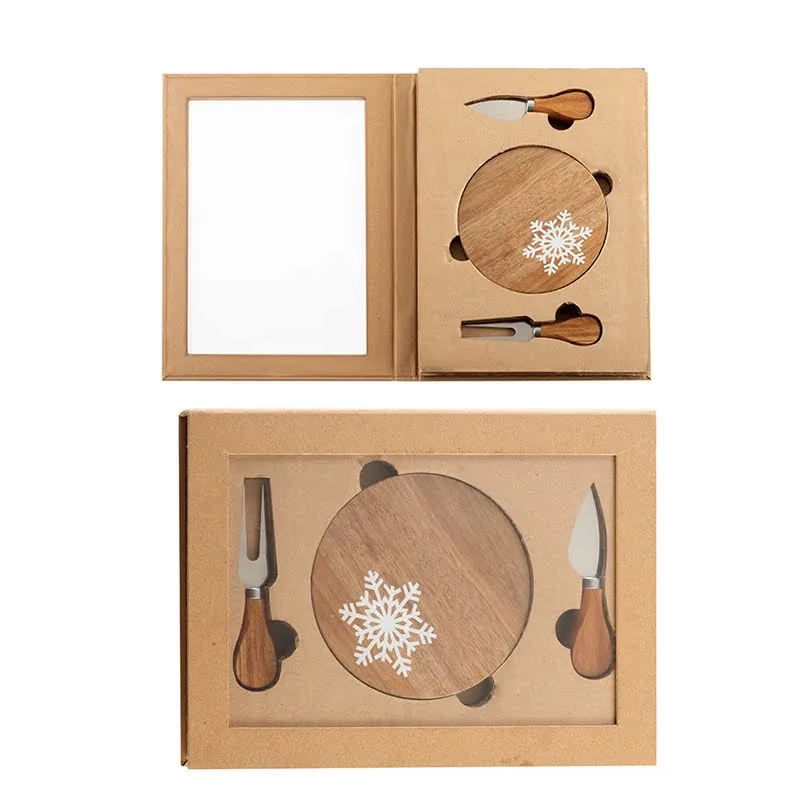 Round cheese board and tool set presented in a gift box