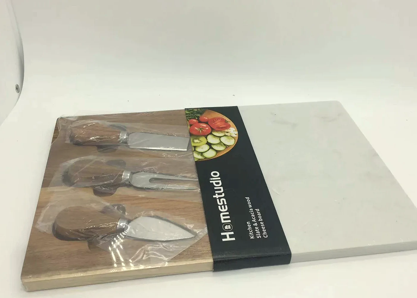 Wood and marble cheese board set with retail packaging band