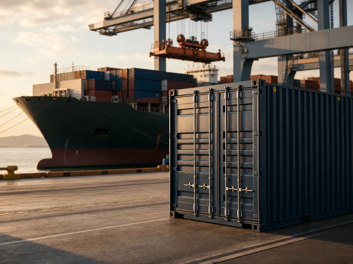 Cargo container and ship at a coastal export terminal