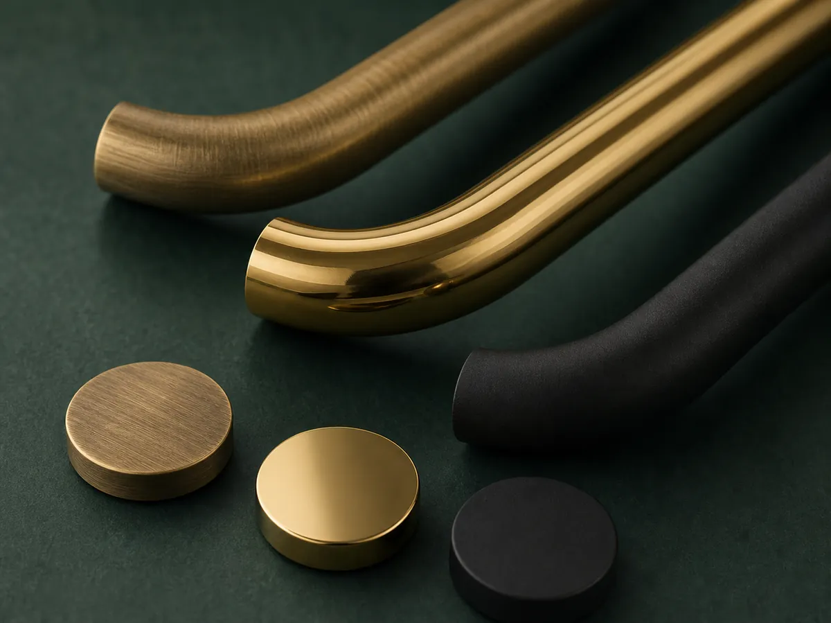 Antique brass, polished gold, and matte black finish samples