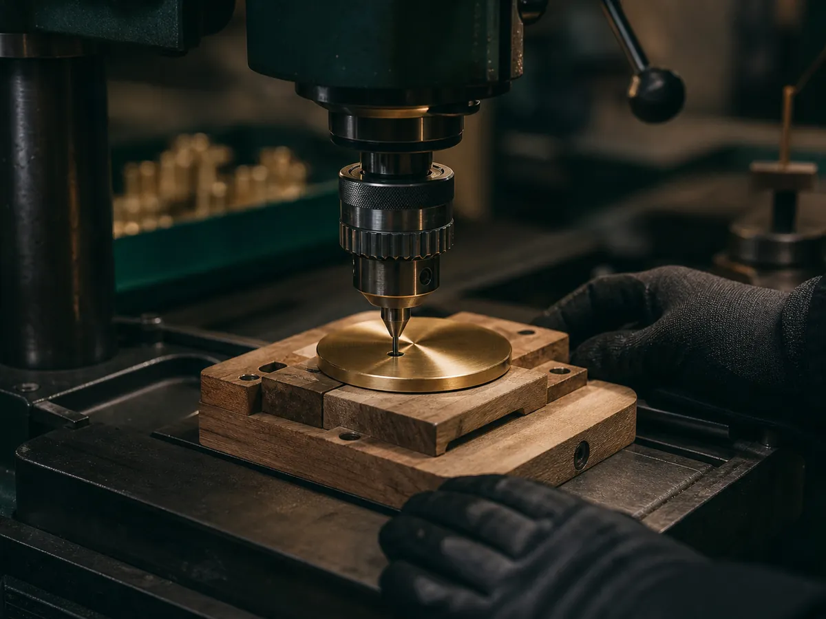 Precision drilling of a brass candle-holder base in the workshop