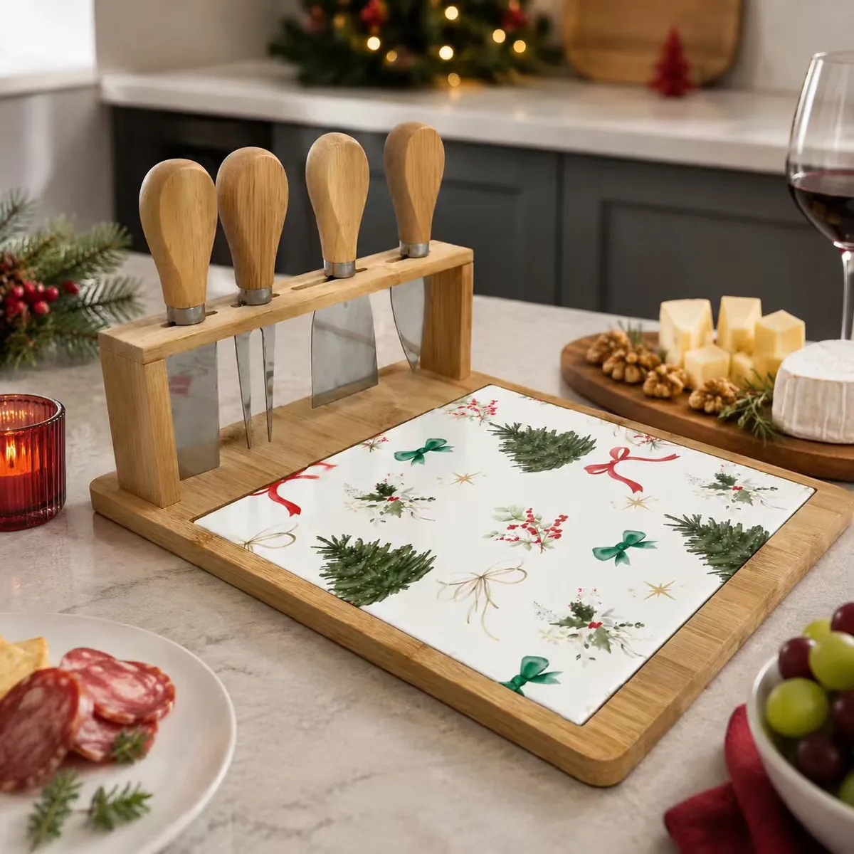 Christmas bamboo serving board with cheese knives and candlelight