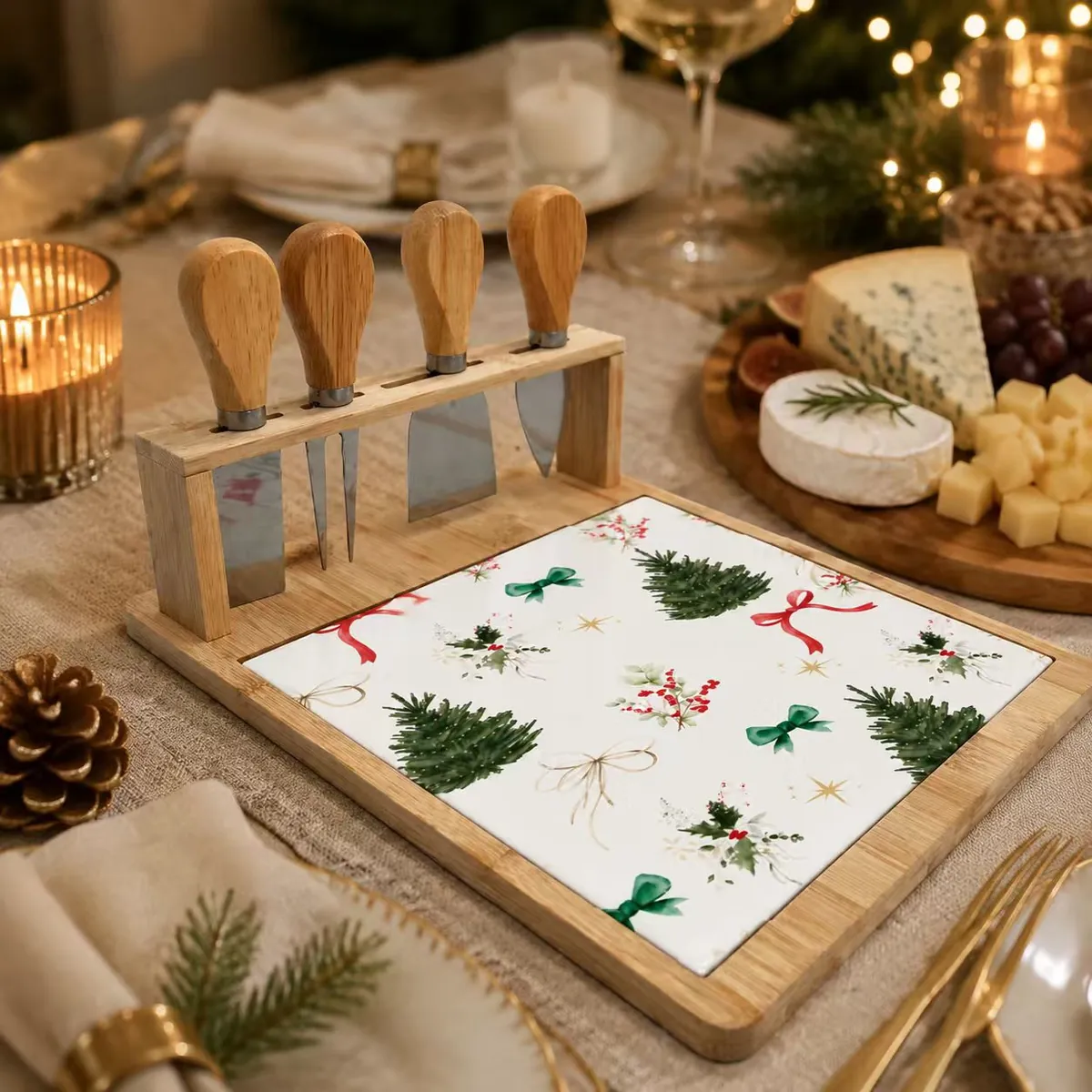 Bamboo cheese board styled for holiday entertaining