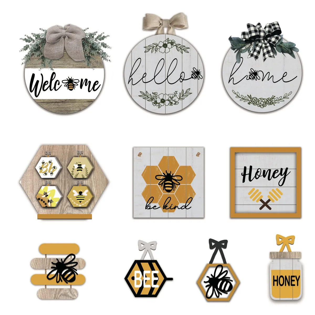 Botanical welcome signs and bee-themed decorative plaques