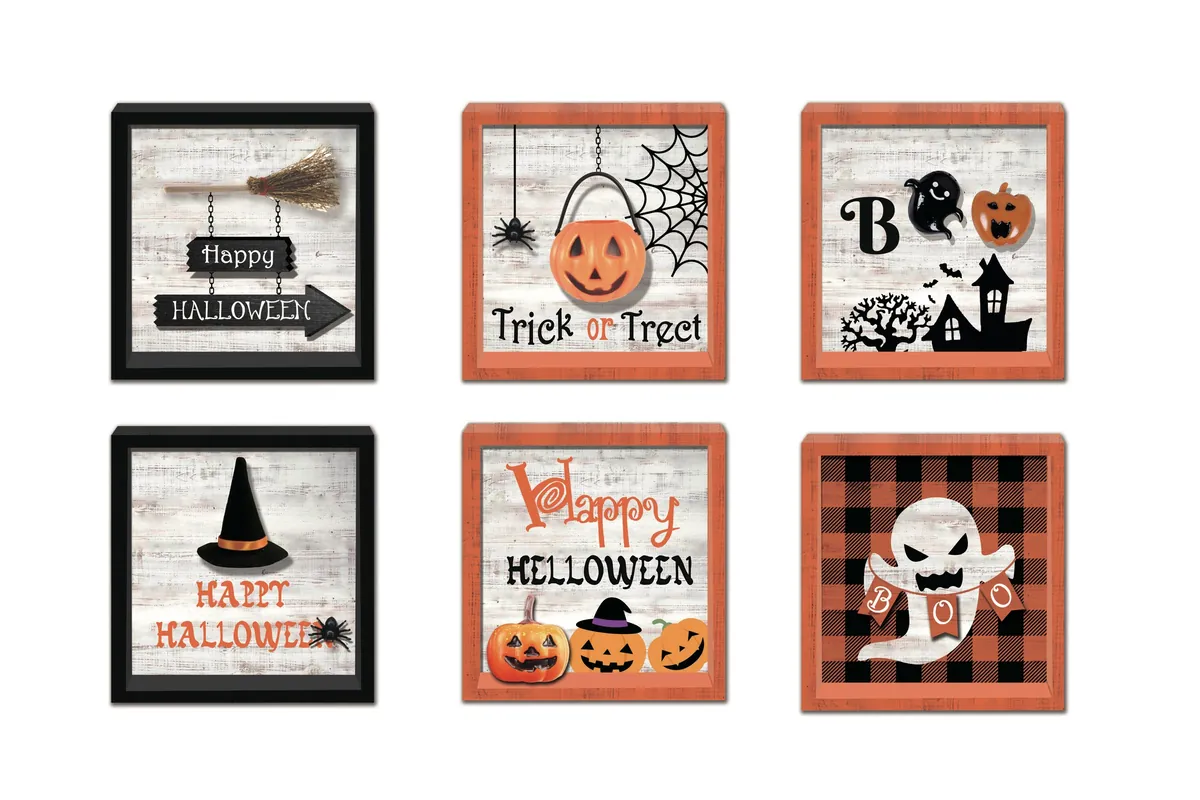 Six orange and black framed Halloween sign designs