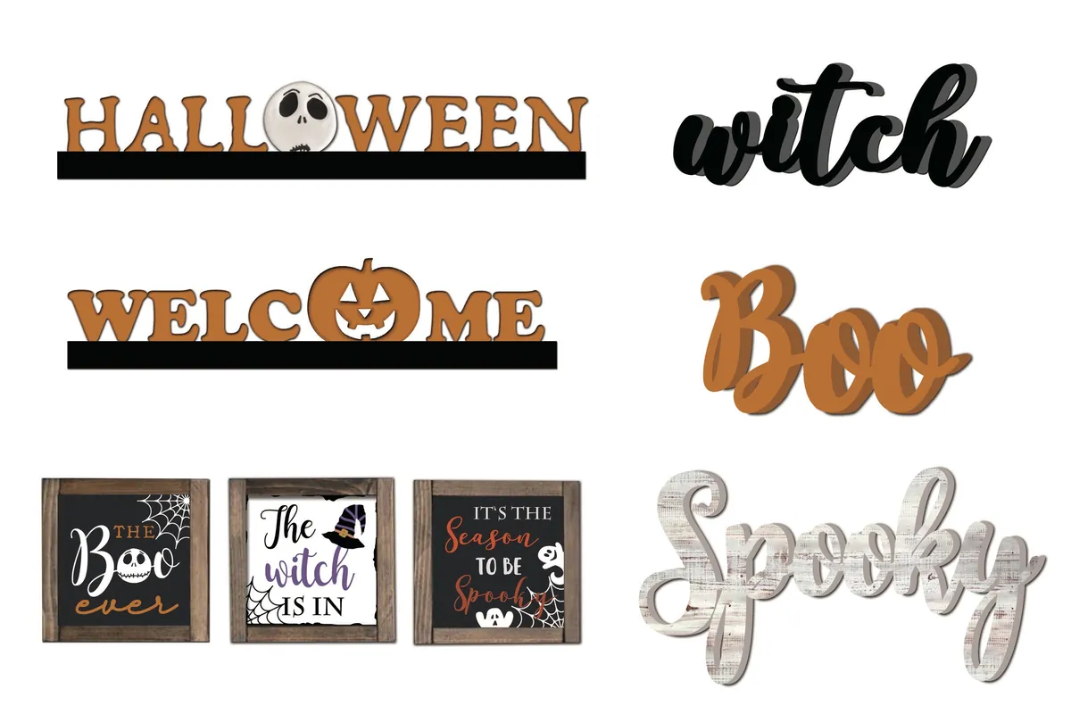 Halloween word signs in black, orange, and white